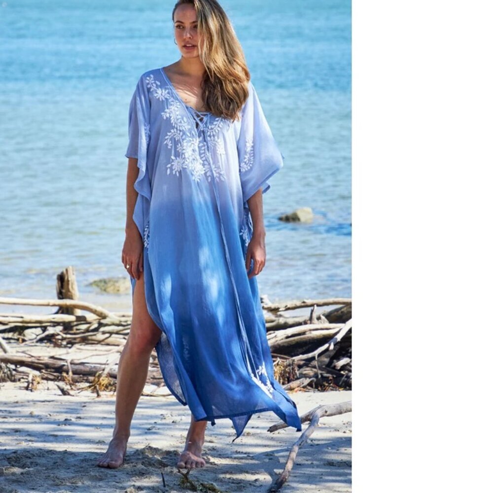 NWT DEBBIE KATZ Mystic Embroidered Kaftan Cover-up Cotton Maxi Dress
